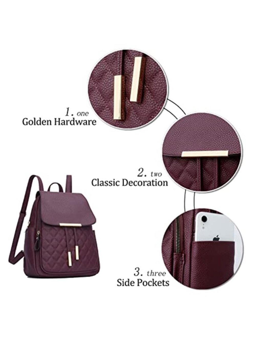 Quilted Trendy Leather Backpack Purse for Women and Ladies Shoulder - Picture 4 of 6